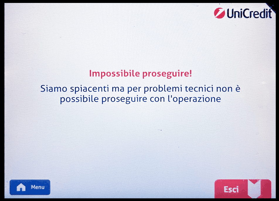 Ошибка при попытке внести наличные в банкомат UniCredit с просроченным permesso